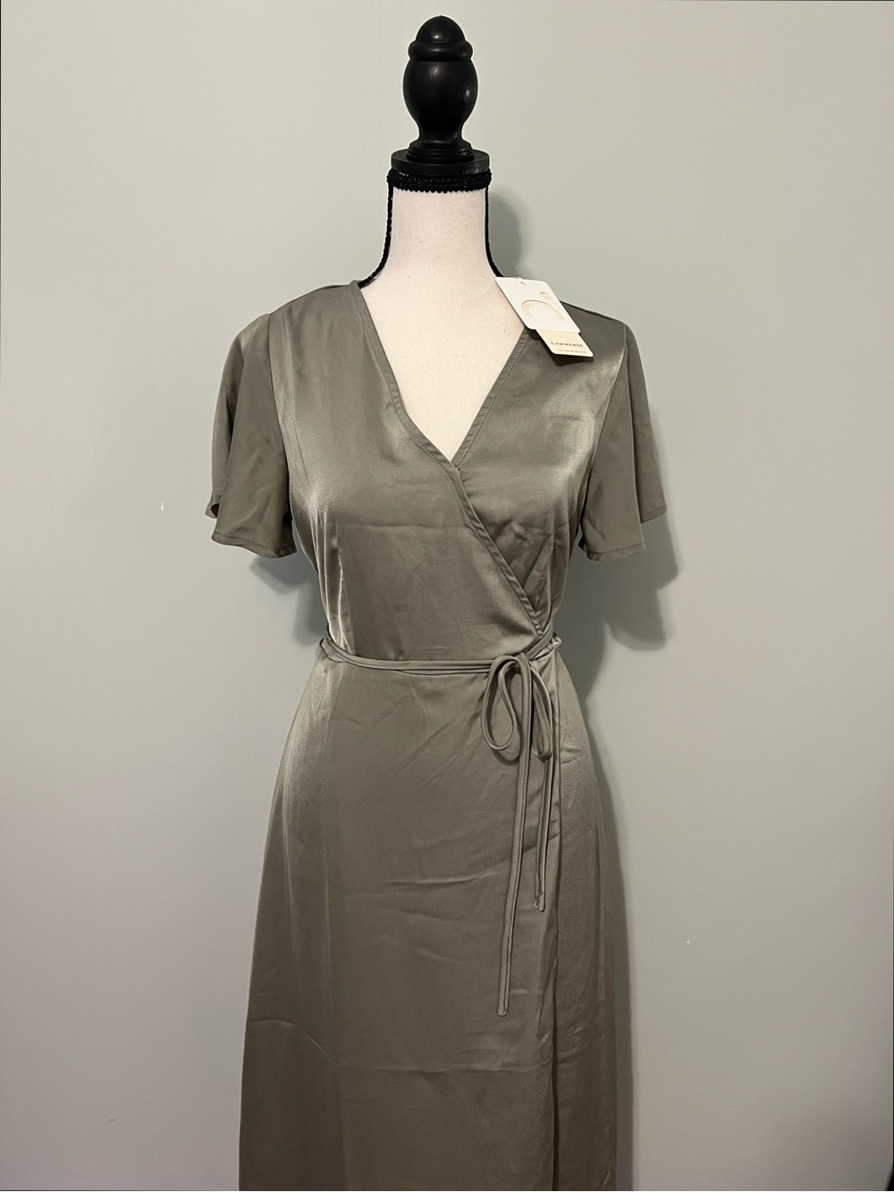 Commence Olive Wrap Midi Dress with Tie Waist NWT Size S